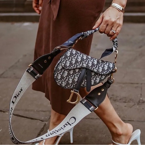 DIOR MINI SADDLE BLUE OBLIQUE JACQUARD & GUITAR SHOULDER STRAP PRELOVED - Picture 1 of 11